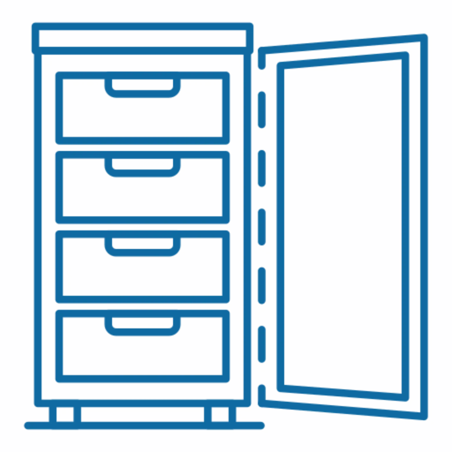 Open blue refrigerator with four shelves and a door.
