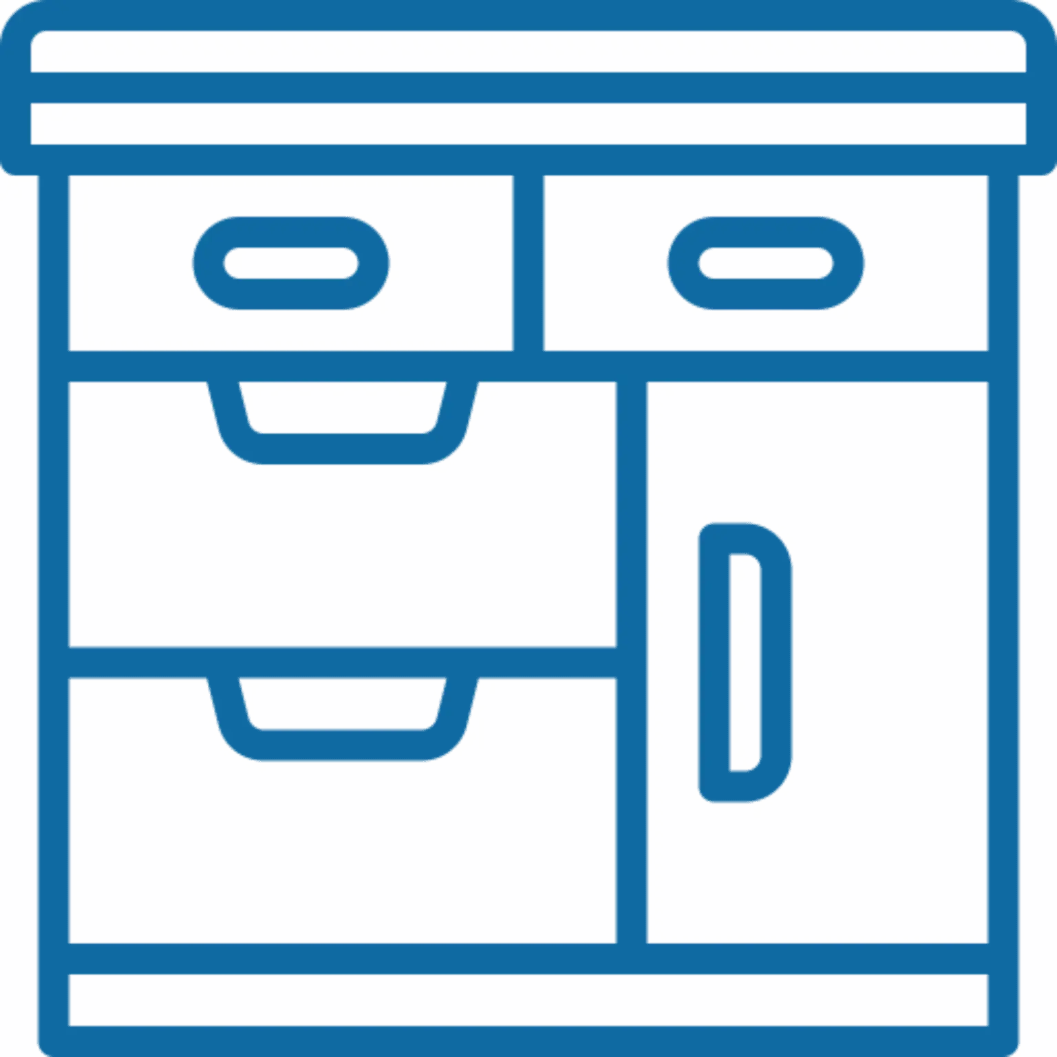 Illustration of a blue office cabinet with drawers and a door.