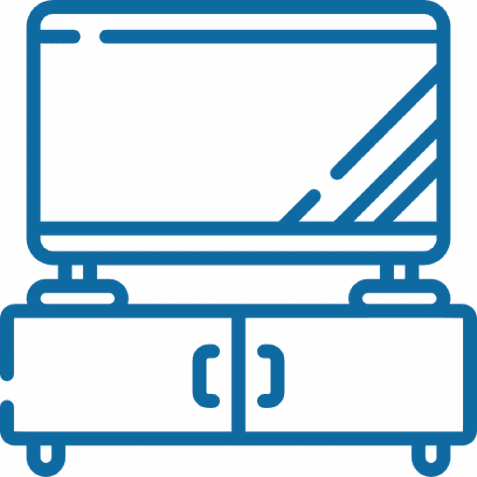 Blue icon of a TV on a TV stand with cabinets.