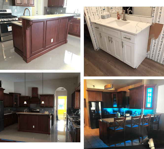 Four images of different kitchen and dining areas showcasing cabinetry and furniture.