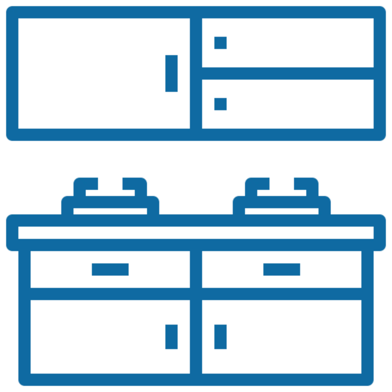 Icon of a kitchen with cabinets, stove, and drawers.