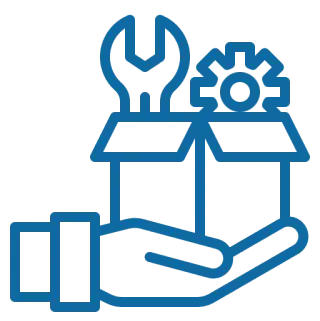 Hand holding a box with tools icon representing support or repair service.