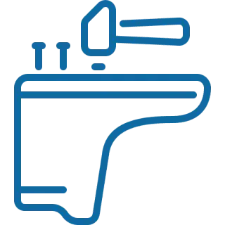 Blue line art of a water tap with a drop of water.