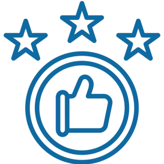 Blue thumbs-up icon surrounded by three stars.