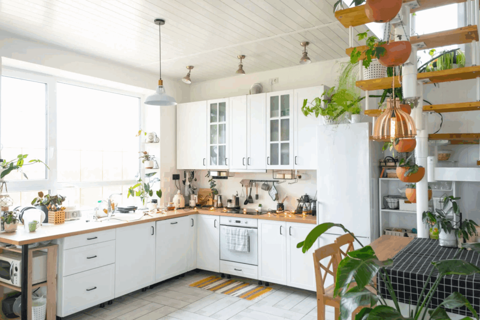 Bright, modern kitchen with white cabinets and natural light.