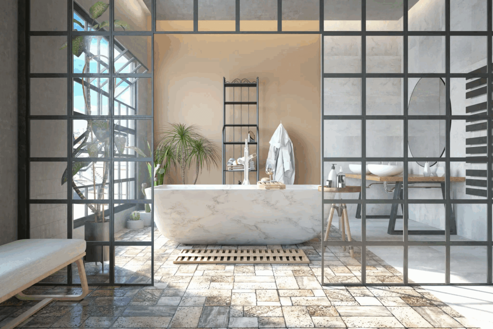 Modern bathroom with a marble tub and large windows.