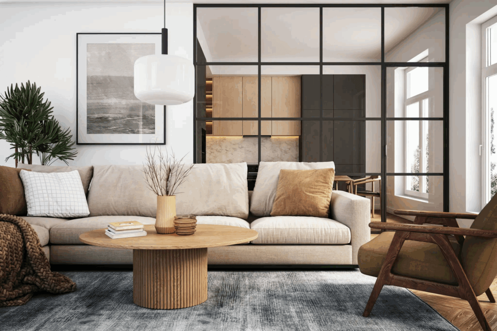 Cozy modern living room with neutral tones and wooden accents.