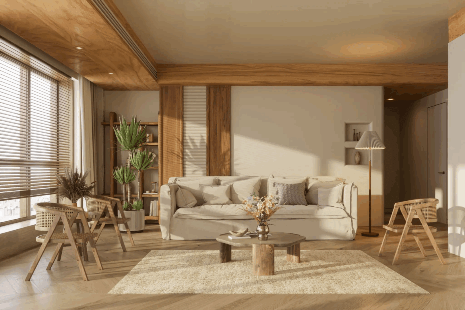 Cozy modern living room with neutral tones and natural light.